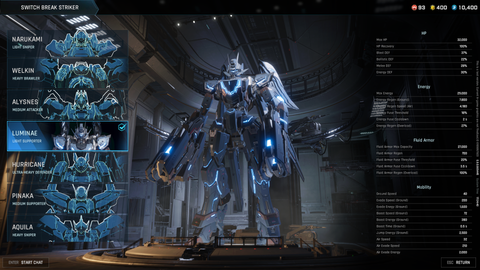 Luminae stat screen in Mecha Break