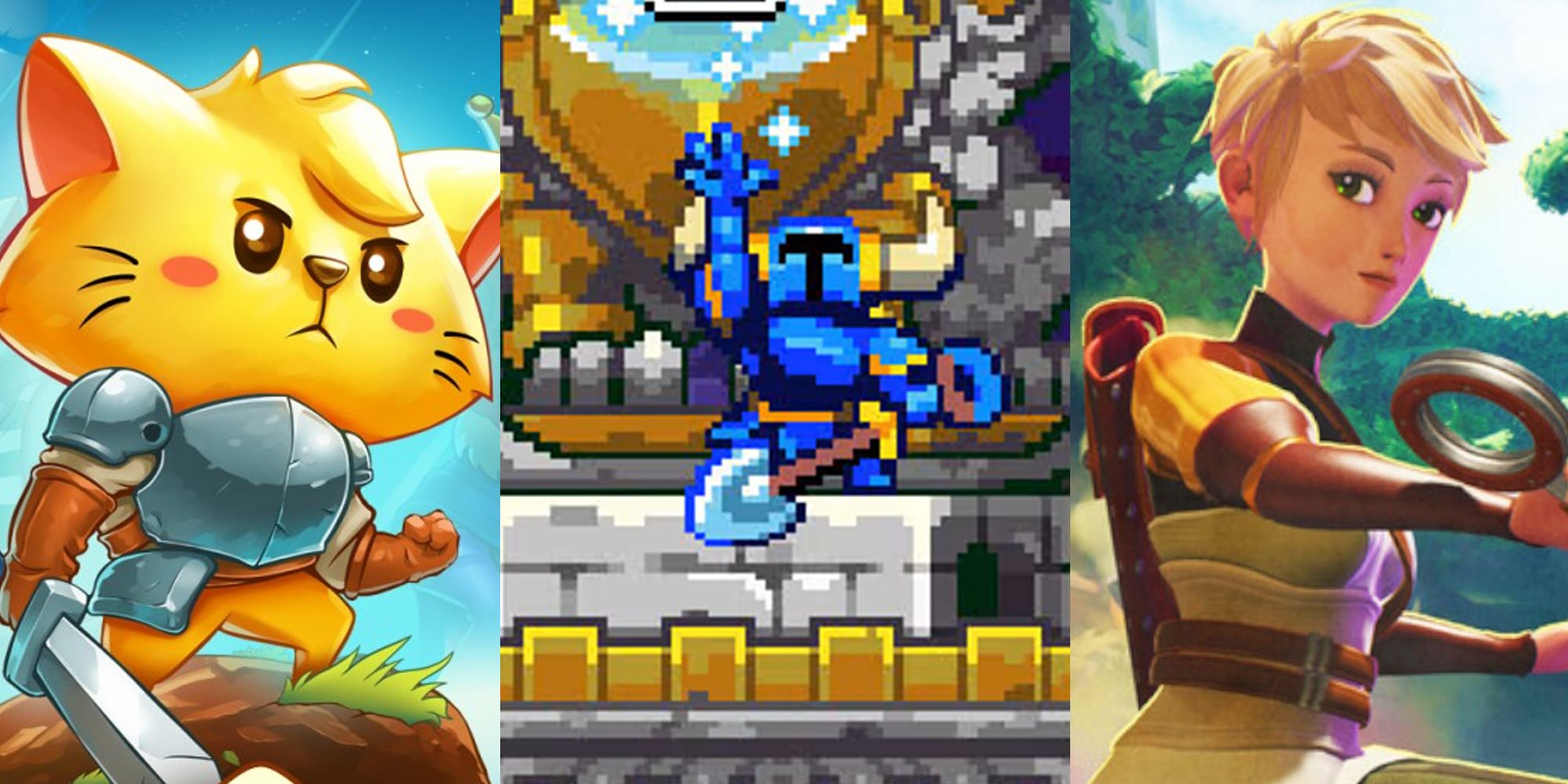 A hero from Cat Quest; Shovel Knight posing; a character from Oceanhorn 2