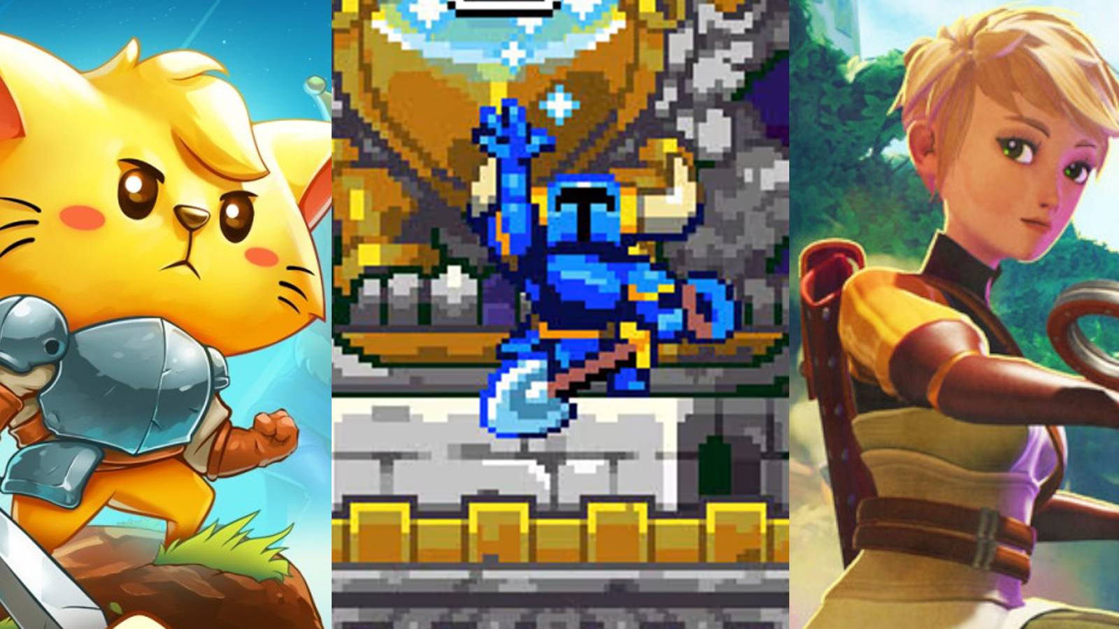 A hero from Cat Quest; Shovel Knight posing; a character from Oceanhorn 2