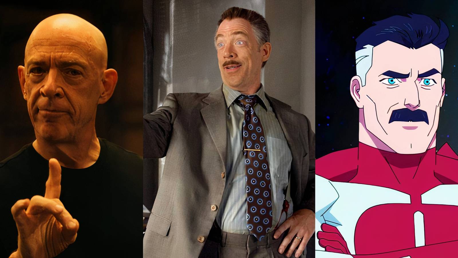 J.K. Simmons as Terencer Fletcher from Whiplash, Jonah Jameson in Spider-Man, and Omni-Man from Invincible