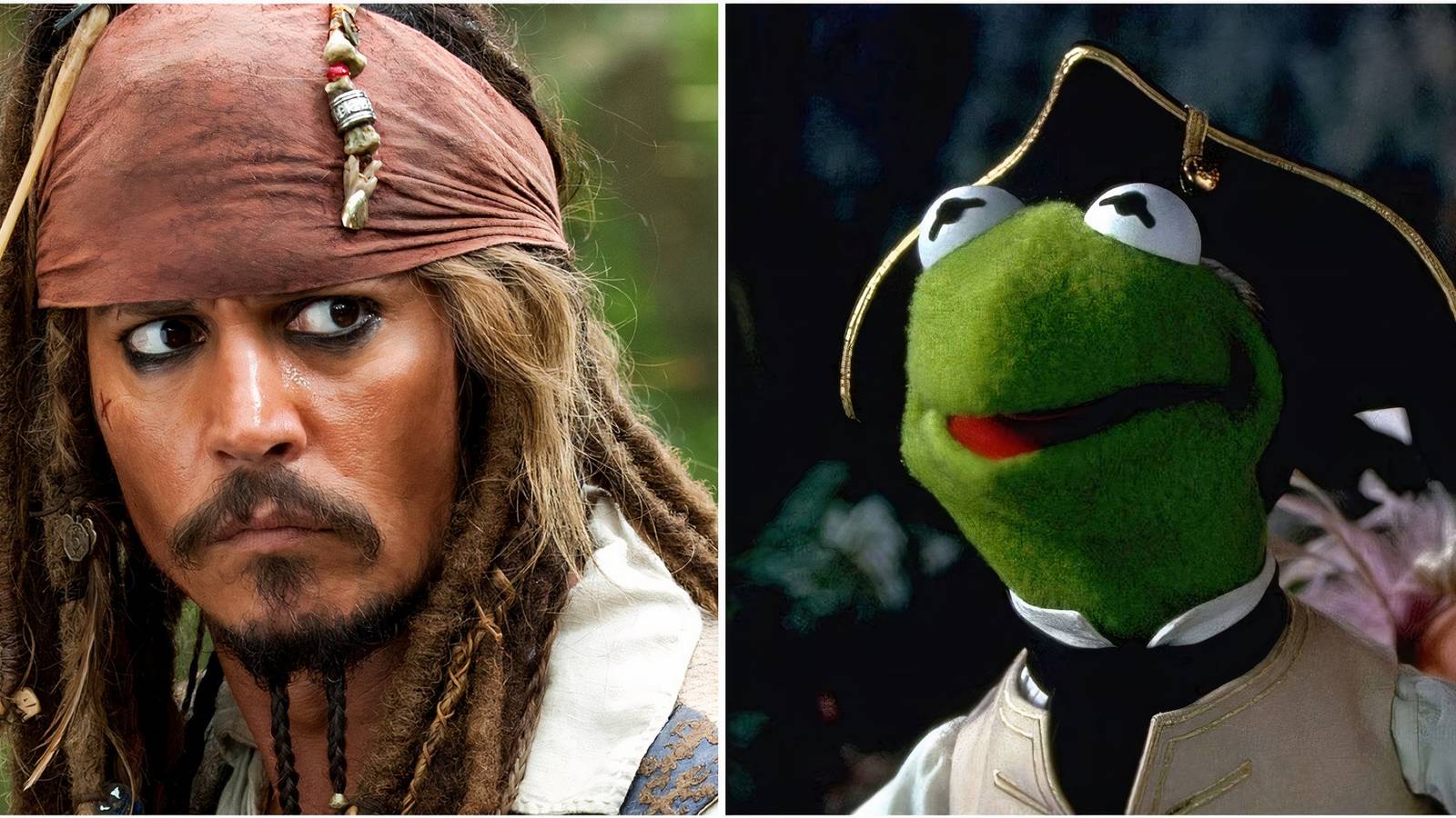 Jack Sparrow in Pirates Of The Caribbean and Kermit in Muppet Treasure Island