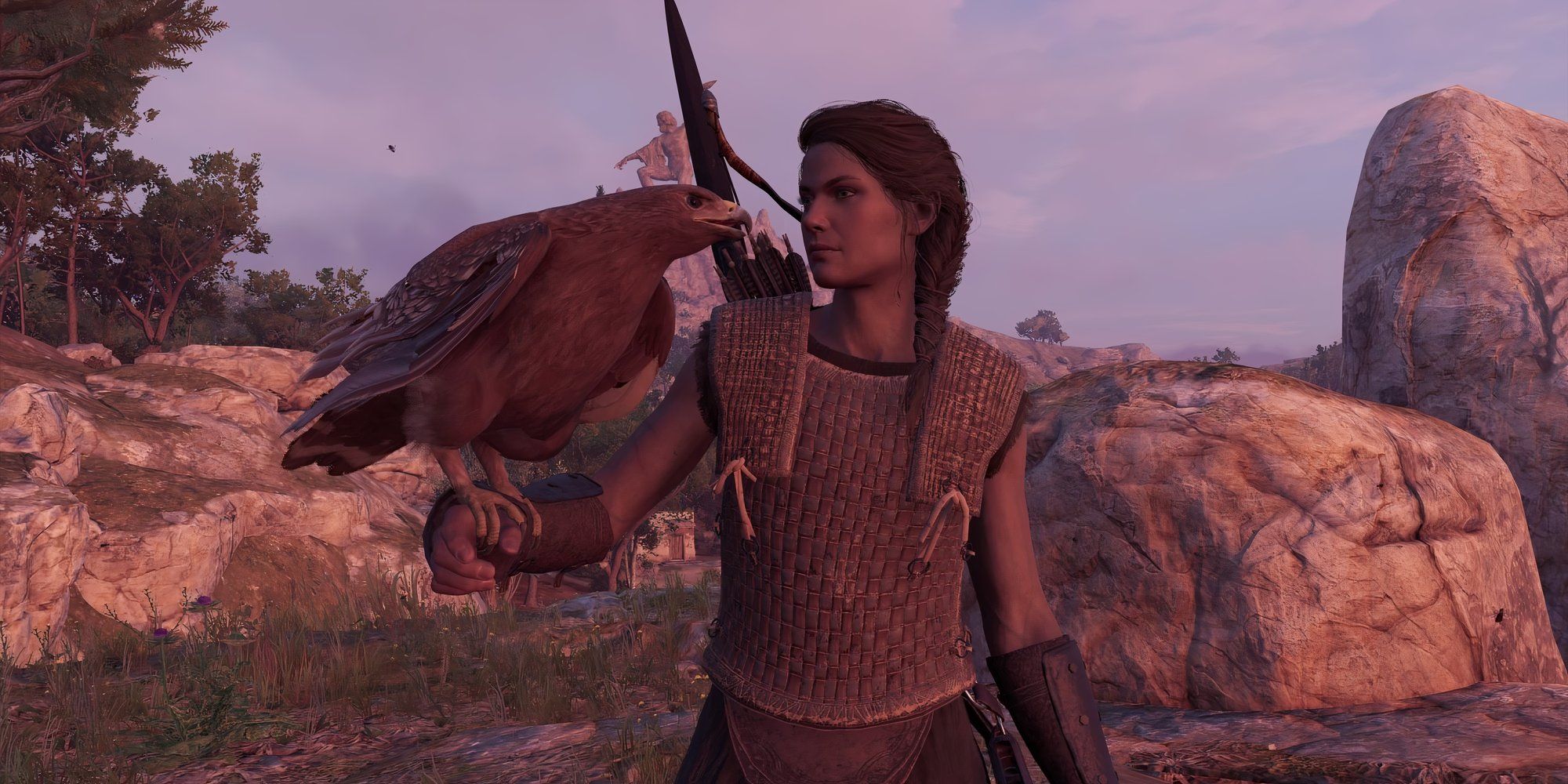 Kassandra and her hawk in Assassin's Creed Odyssey