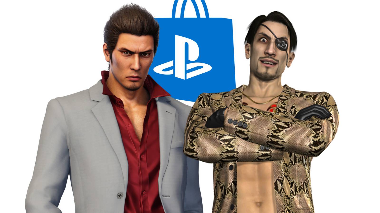 Kiryu Kazuma and Goro Majima with PlayStation Store icon white background