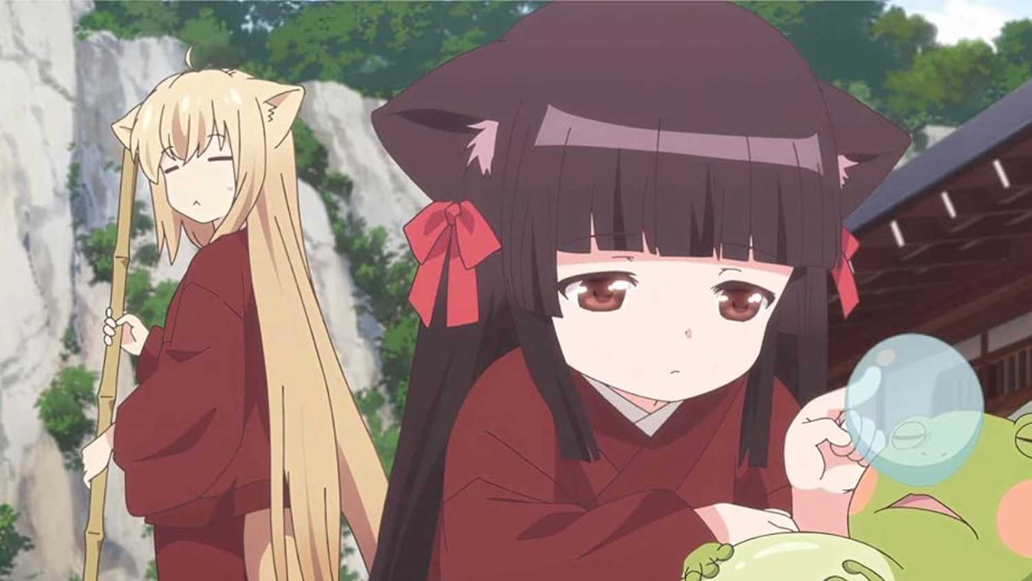 Konohana Kitan anime visual featuring Yuzu and other foxgirl attendants