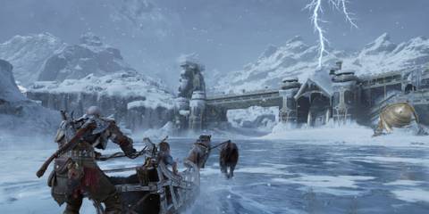 Kratos and Atreus exploring the world on their sled.