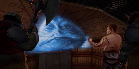 kyle in front of a jabba hologram