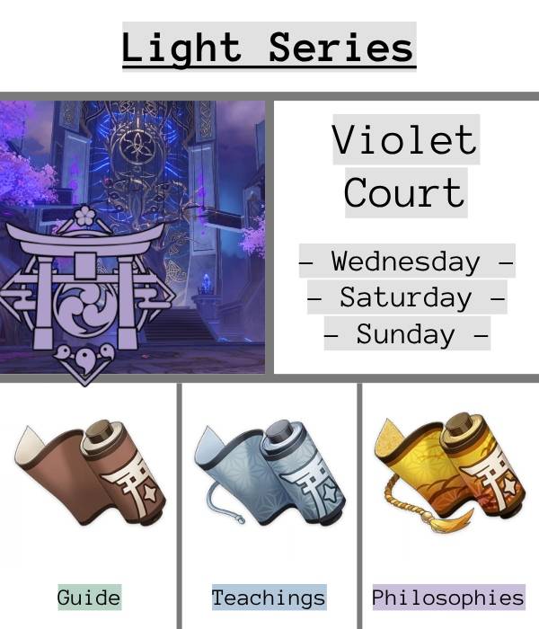 Light Series talent books and the Violet Court domain alongside a list of days when the series is available - Wednesday Saturday and Sunday 