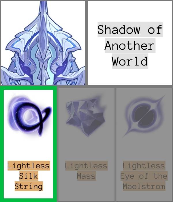 an infographic showing the all devouring narwhal with the Lightless silk string highlighted. the other two drops from this trounce are greyed out