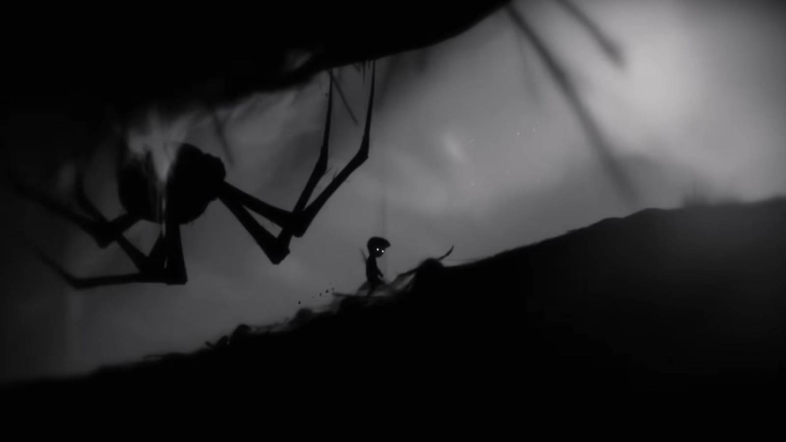 The player trying to escape a large spider in Limbo