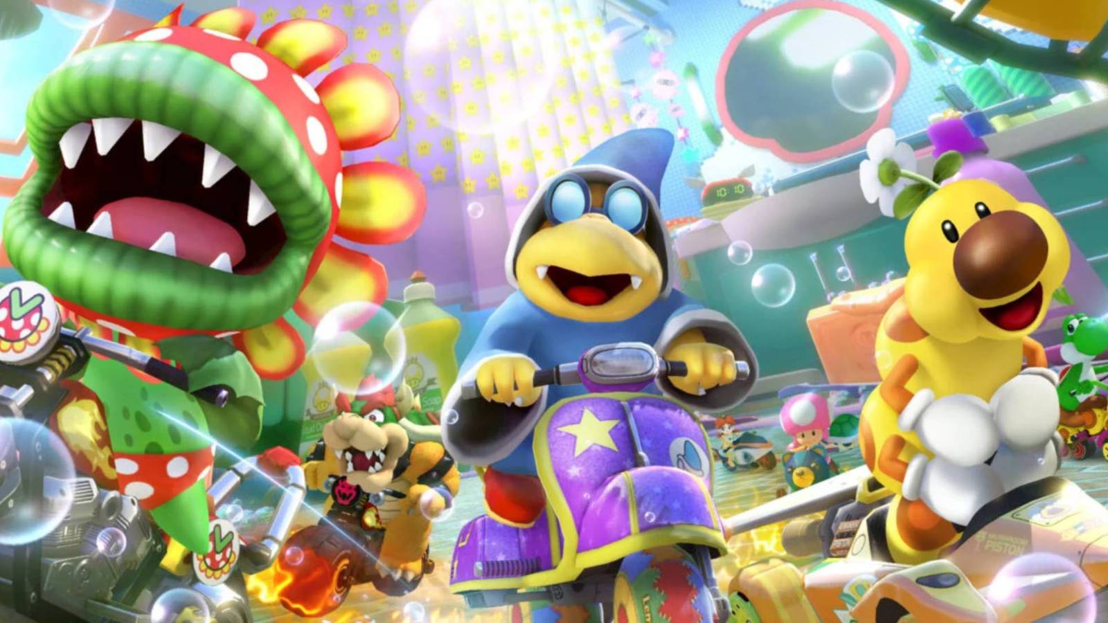 Petey Piranha, Kamek, and Wiggler in art for Mario Kart 8 Deluxe's Booster Course Pass