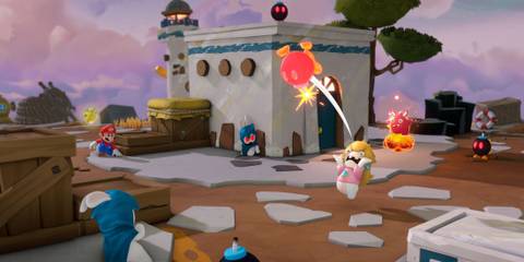 Mario + Rabbids Sparks of Hope Peach rabbid throwing a bob-omb