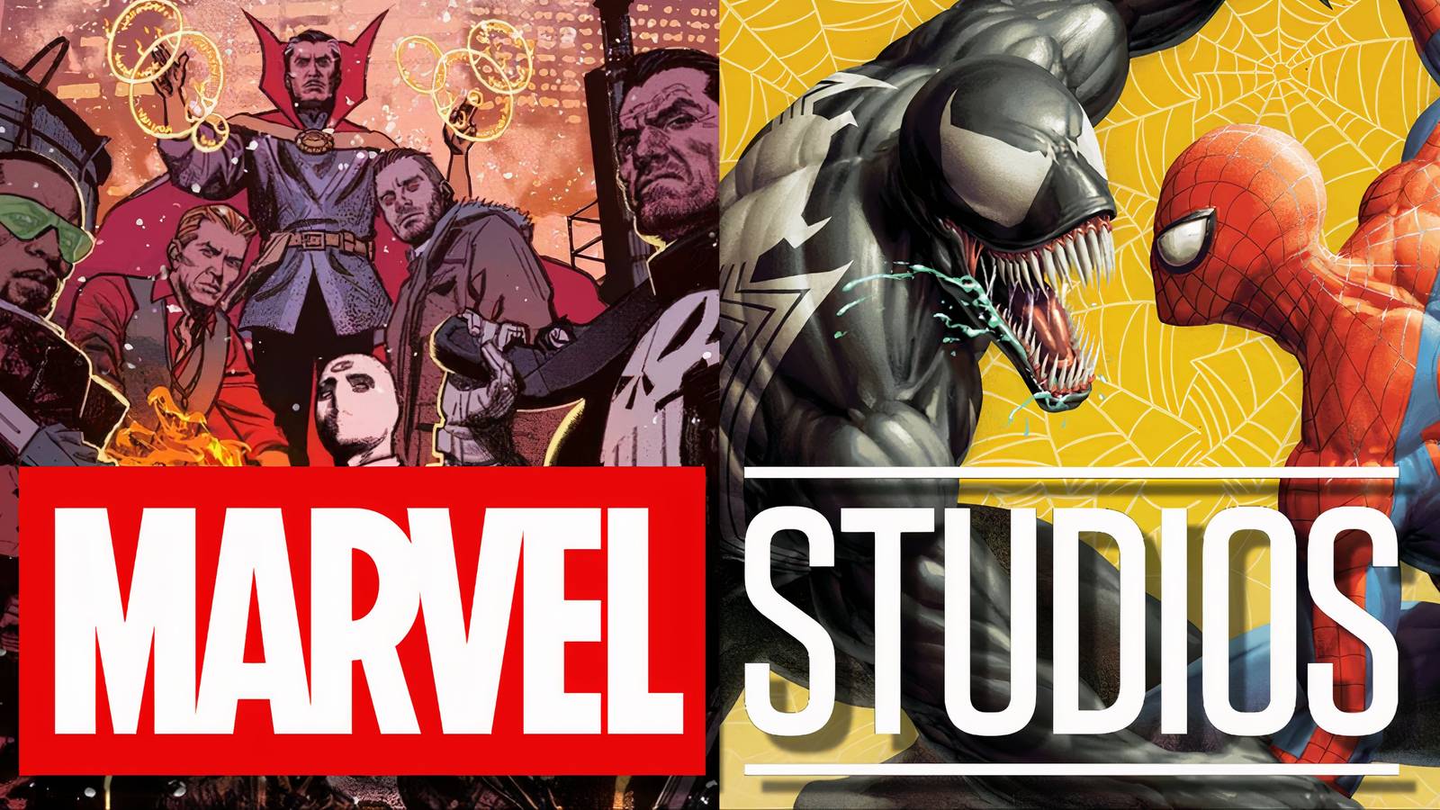 Split image of the Midnight Suns and Venom with Spider-Man in Marvel Comics