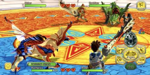 A battle between a Rathalos hunter and Rathian hunter