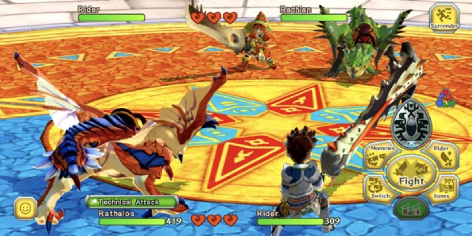 A battle between a Rathalos hunter and Rathian hunter