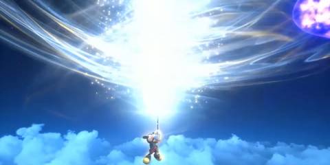 Mickey summons a giant blade of light to defeat the Replicas.
