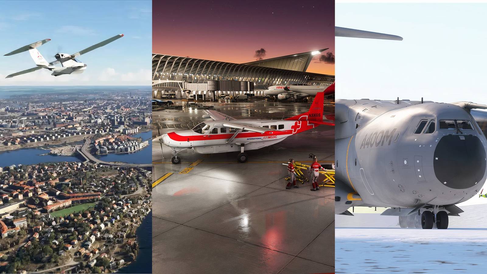 Feature image depicting a plane over a city, a plane loading up an ambulance patient, and a military plane taking off