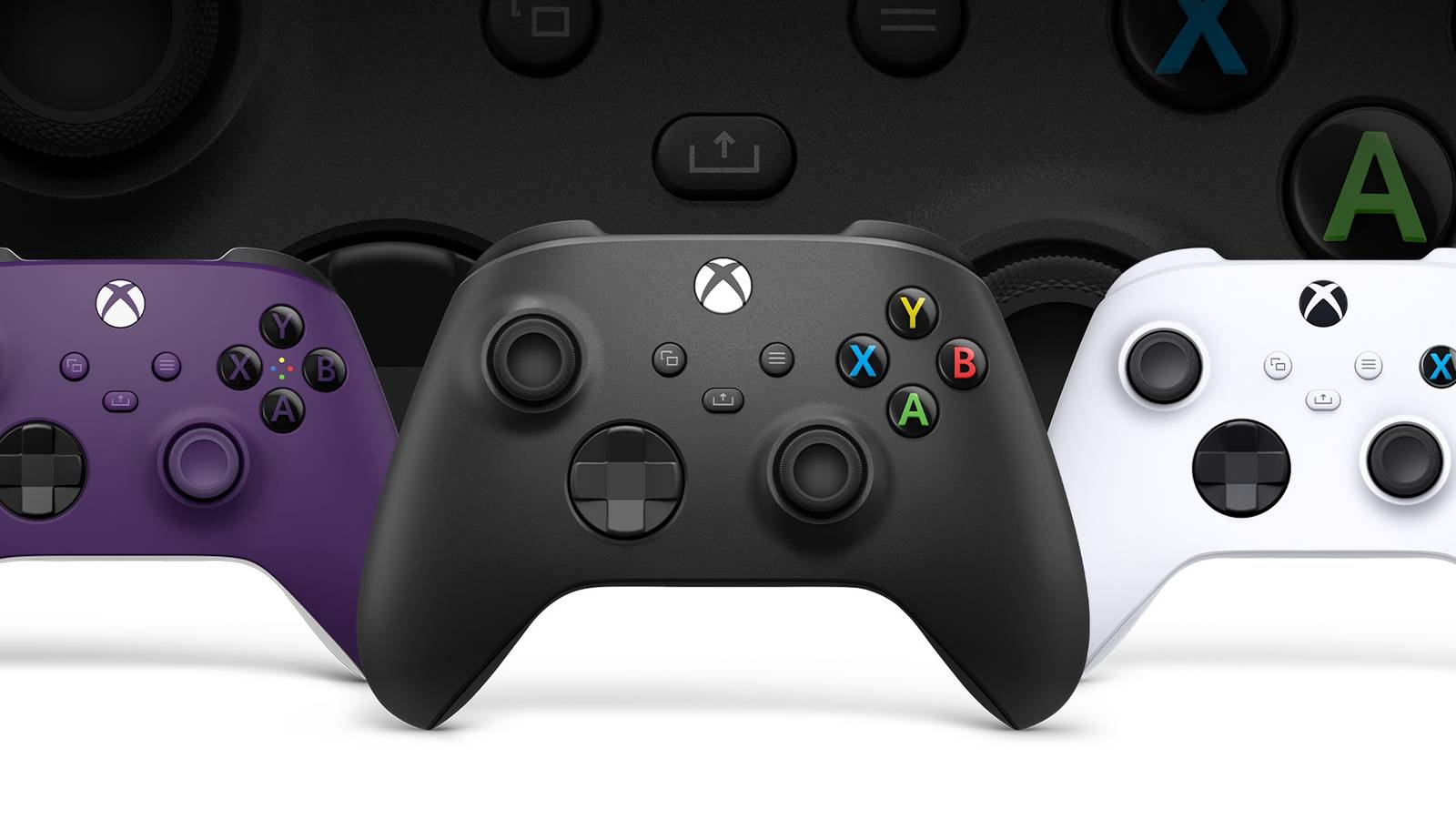 A promotional visual for Xbox showing several controllers.