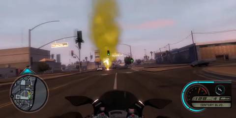 First-person motorcycle gameplay in Midnight Club: Los Angeles