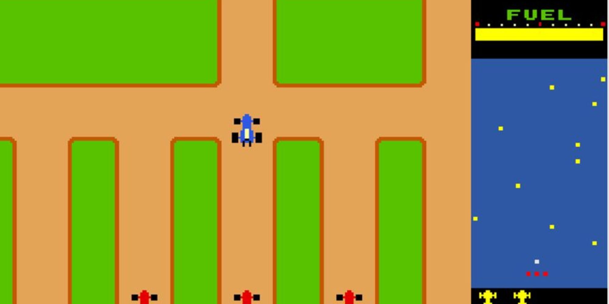 A blue formula one car in a maze, with several red cars chasing it.