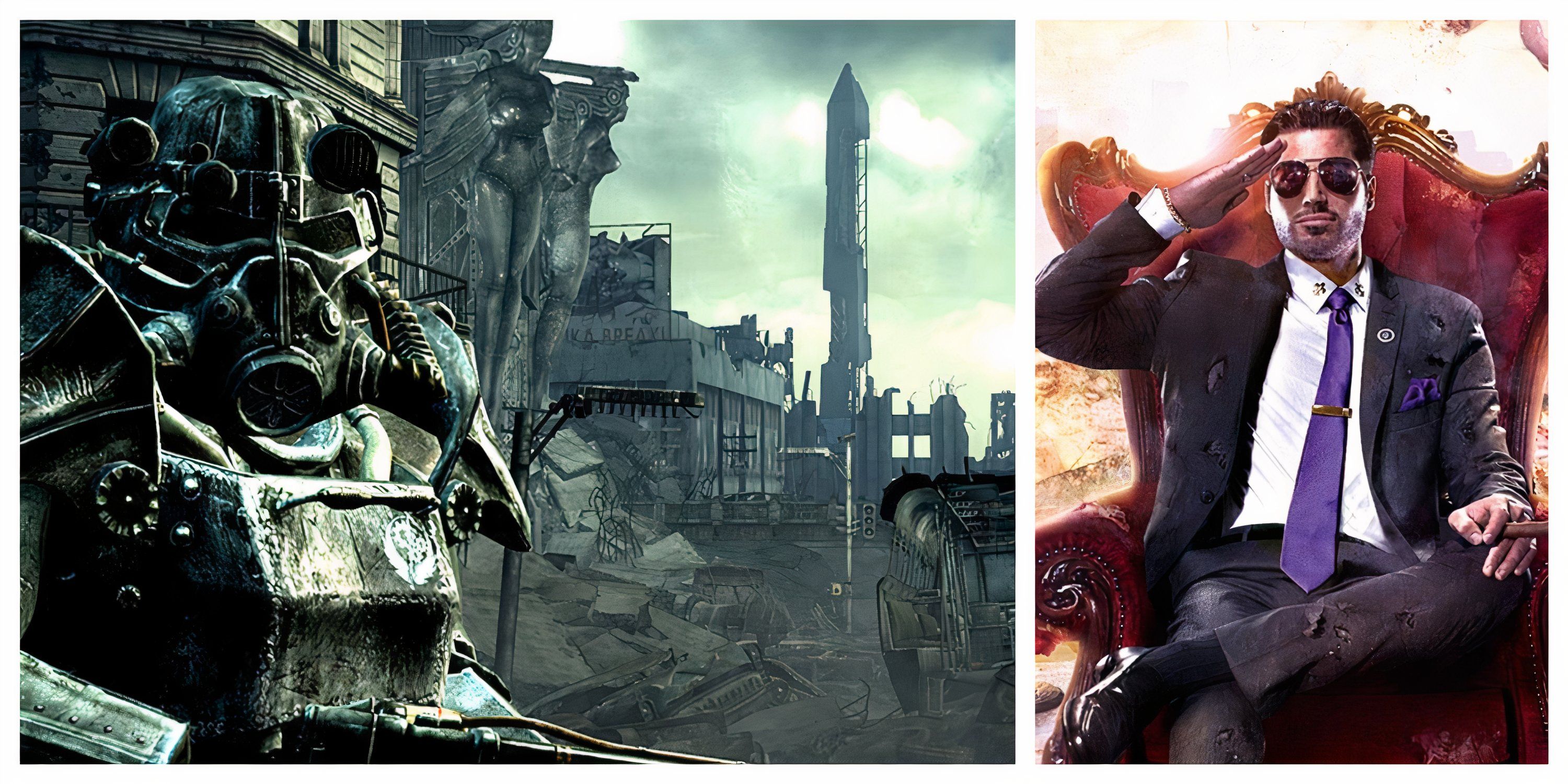 Left: An armored Fallout survivor (left) standing in front of the Washington Monument (right). Right: The President in Saints Row 4 sitting in a red recliner giving a salute.