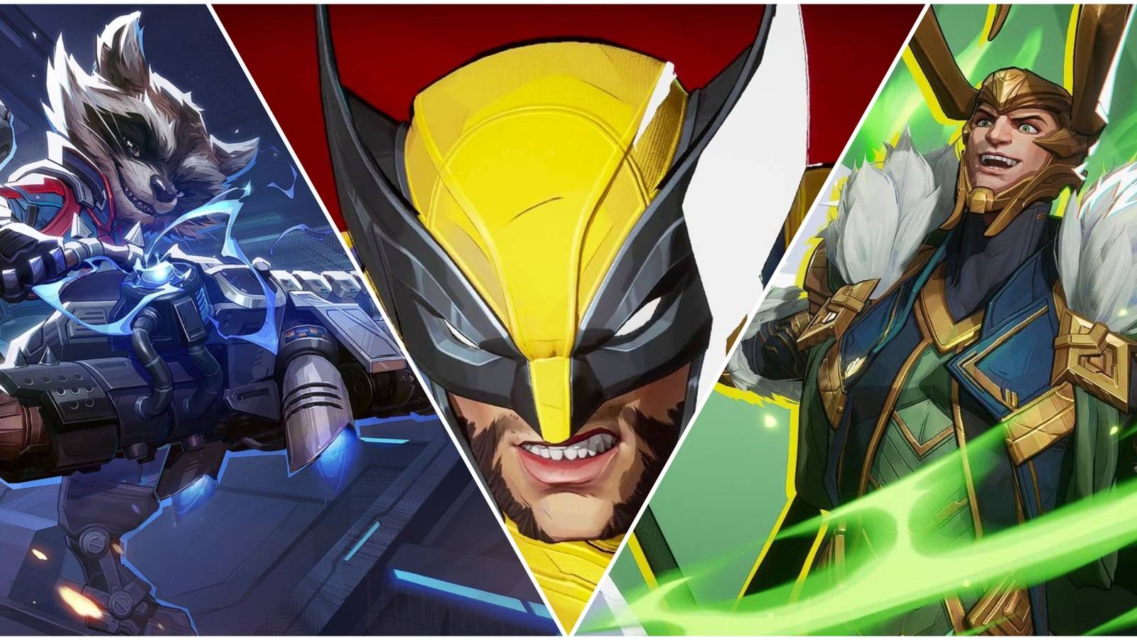 A collage image of Rocket Raccoon, Wolverine, and Loki from Marvel Rivals