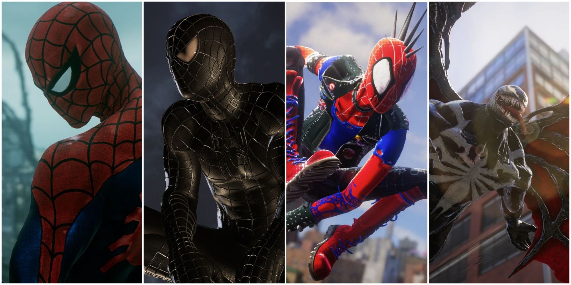 A collage of images of various suit mods for Spider-Man 2 on the PC