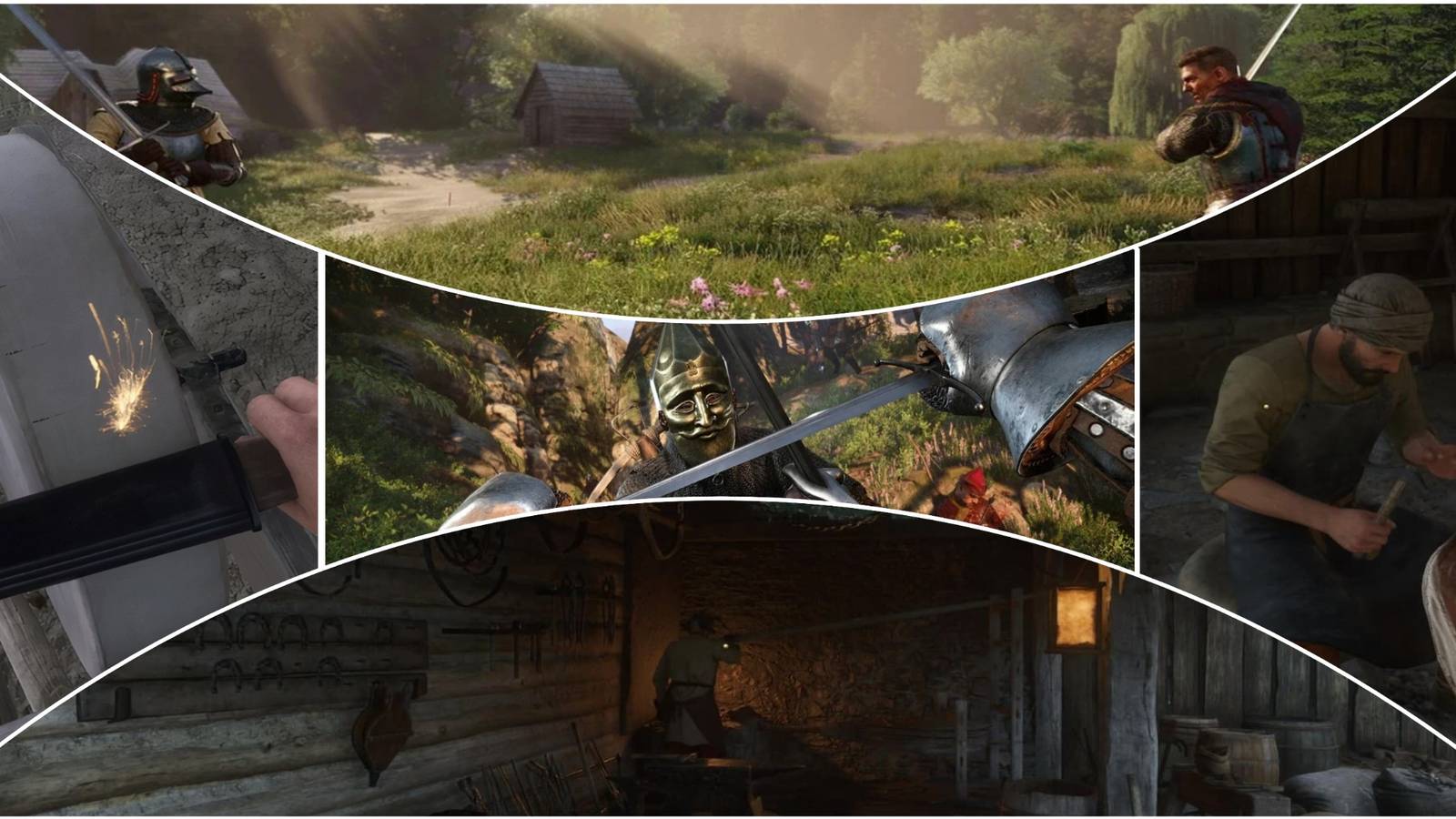 Kingdom Come Deliverance 2 blacksmithing skills mixed gameplay collage