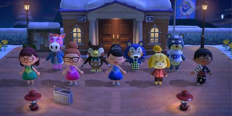 Friends and villagers group stretching in front of resident services in Animal Crossing: New Horizons