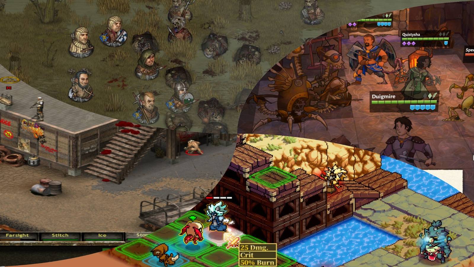 Wildermyth, Battle Brothers, Fae Tactics, Fallout Tactics non-linear tactics RPGs mixed gameplay collage