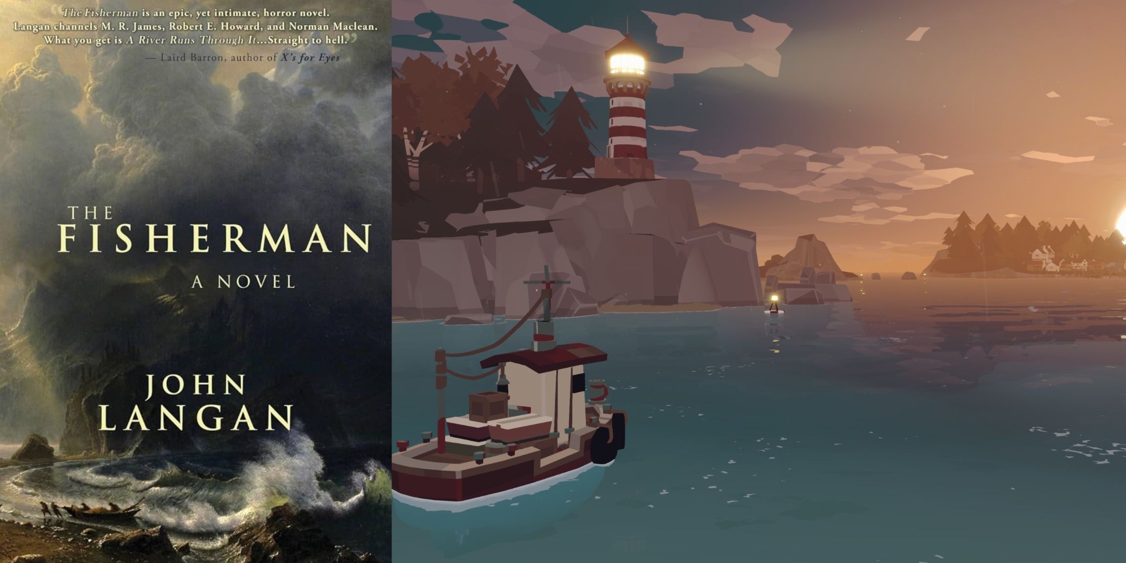 Front cover of The Fisherman next to a screenshot from Dredge