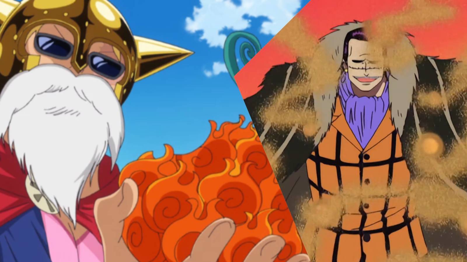 Sabo eating Mera Mera no Mi; Crocodile using Suna Suna no Mi in One Piece