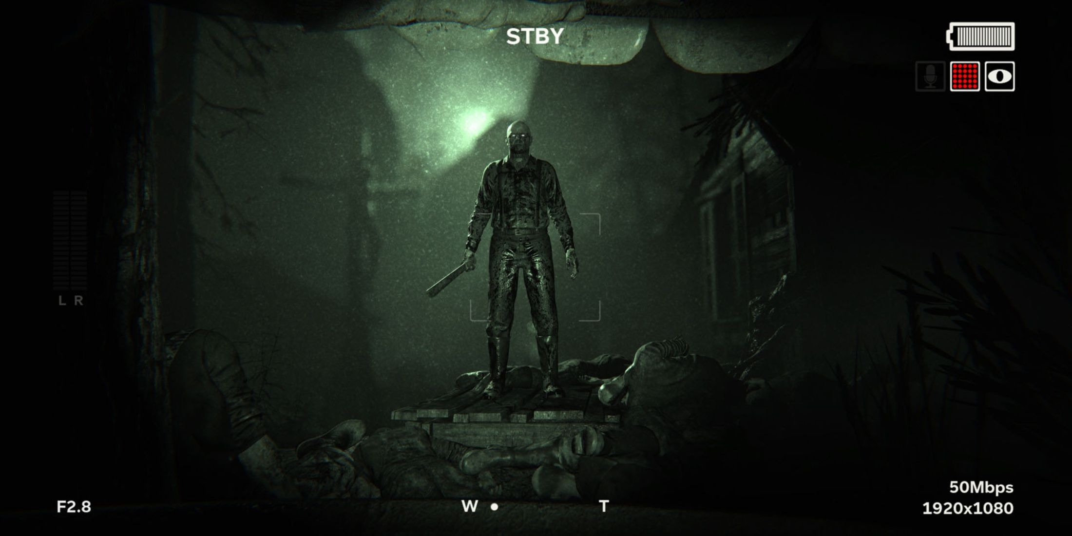 Outlast 2 Screenshot from Steam, player looking at enemy through night vision