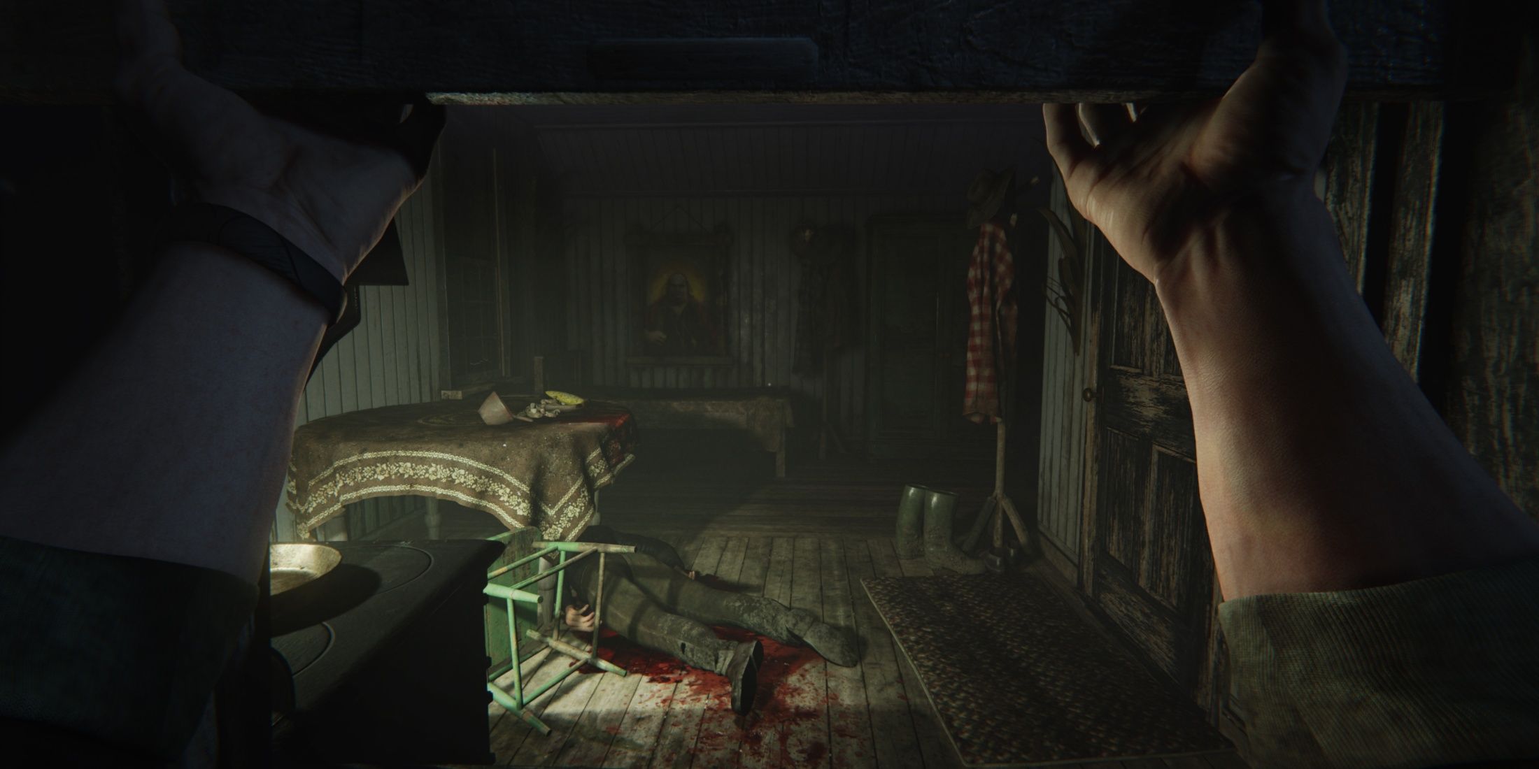 Outlast 2 Screenshot from Steam, player entering house through window