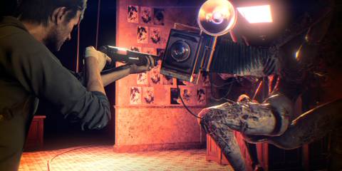 The Evil Within 2 Screenshot from Steam, Sebastian pointing shotgun at Obscura
