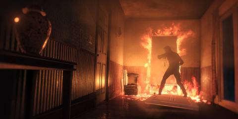 The Evil Within 2 Screenshot from Steam, Sebastian trying to get into fiery room
