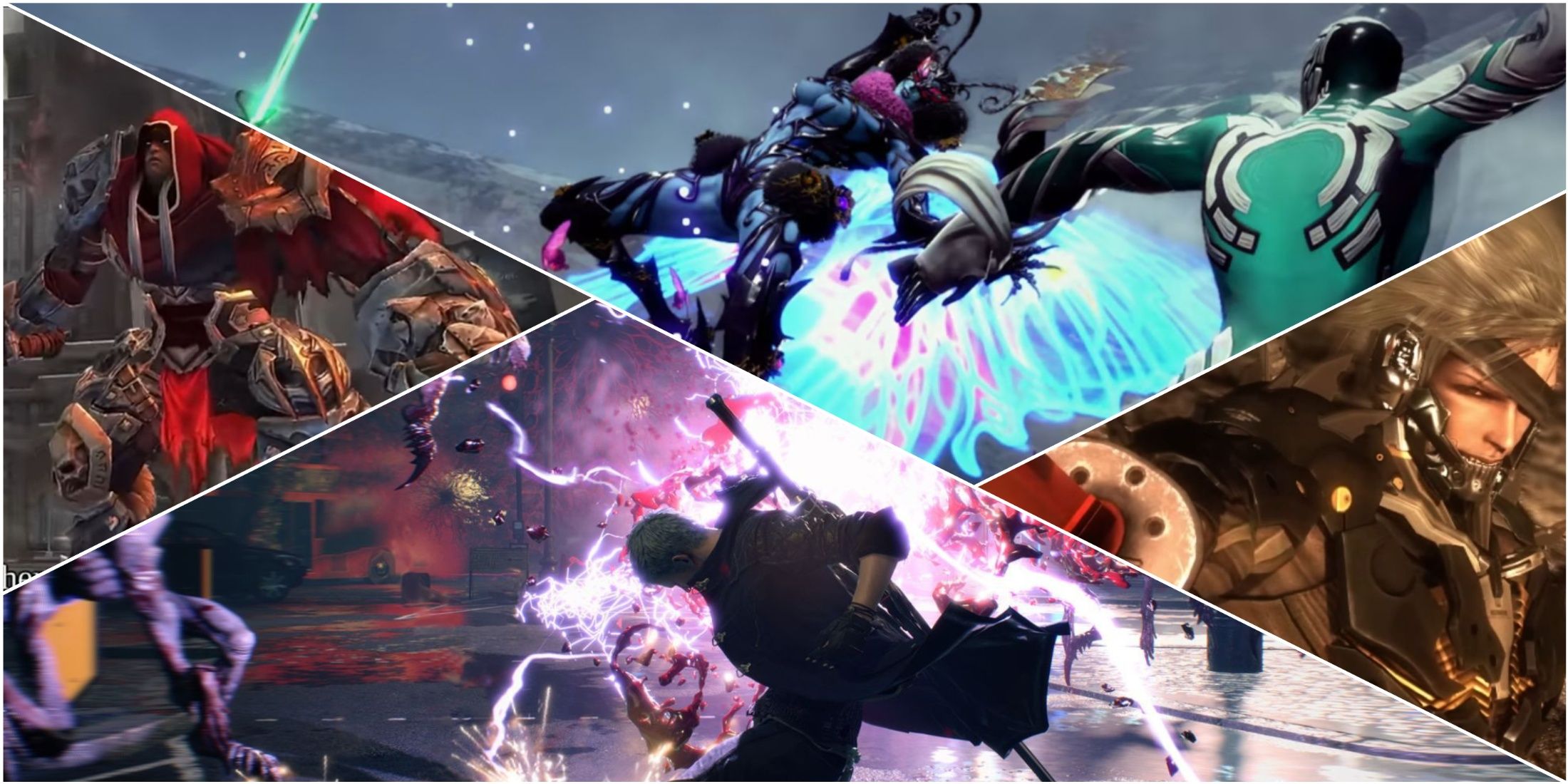 Devil May Cry 5, Bayonetta 3, Metal Gear Rising Revengeance, Darksiders character action mixed gameplay collage