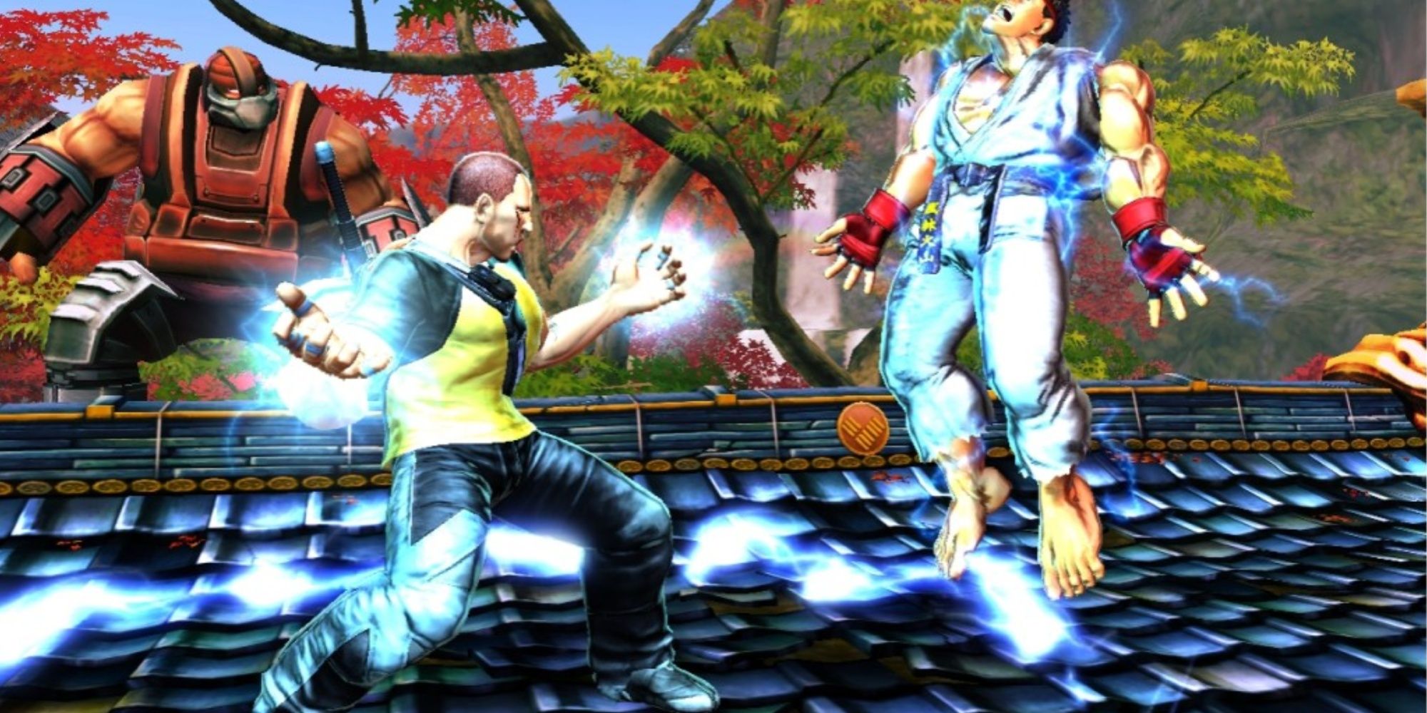 Cole MacGrath, a man in a yellow and black shirt and jeans electrocutes Ryu, a man in a karate gi