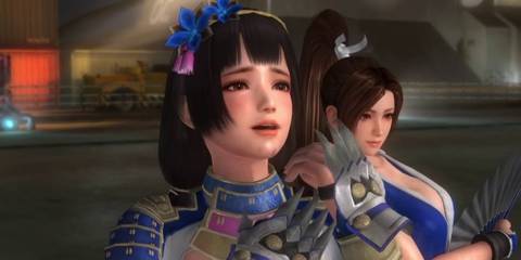 Naotora Li, a young in battle armor adjusting her gloves, while Mai Shiranui, a kuonichi in a skimpy outfit looks on
