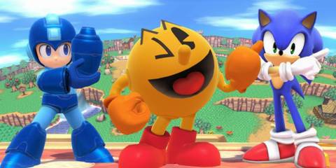 Mega Man; a blue-armored boy, Pac-Man; a smiling being with a yellow body, and Sonic; a blue anthropomorphic hedgehog Super Smah Bros For Wii U