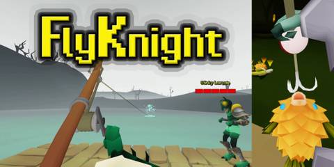 Screenshot of title card from FlyKnight trailer next to caught pinyenna fish. 