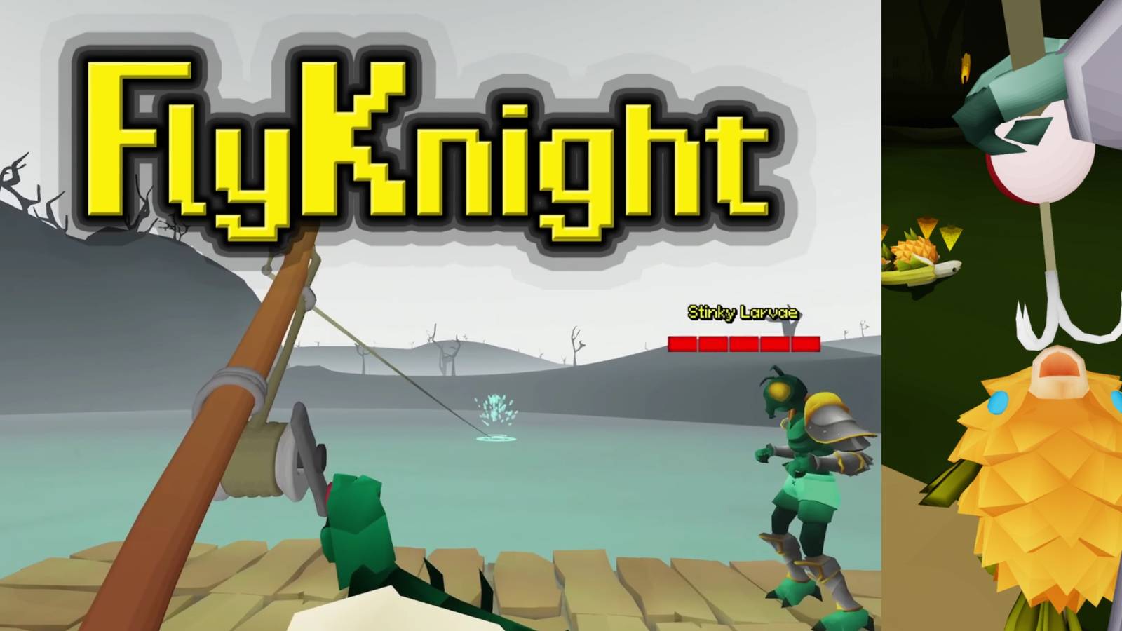 Screenshot of title card from FlyKnight trailer next to caught pinyenna fish. 