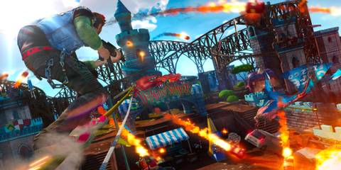 Steam screenshot, player grinding on a rail and fighting enemies in Sunset Overdrive