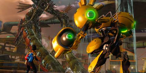  characters standing in front of Mooil Rig DLC boss in Sunset Overdrive