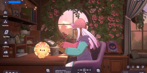 Player avatar sitting at desk with pet