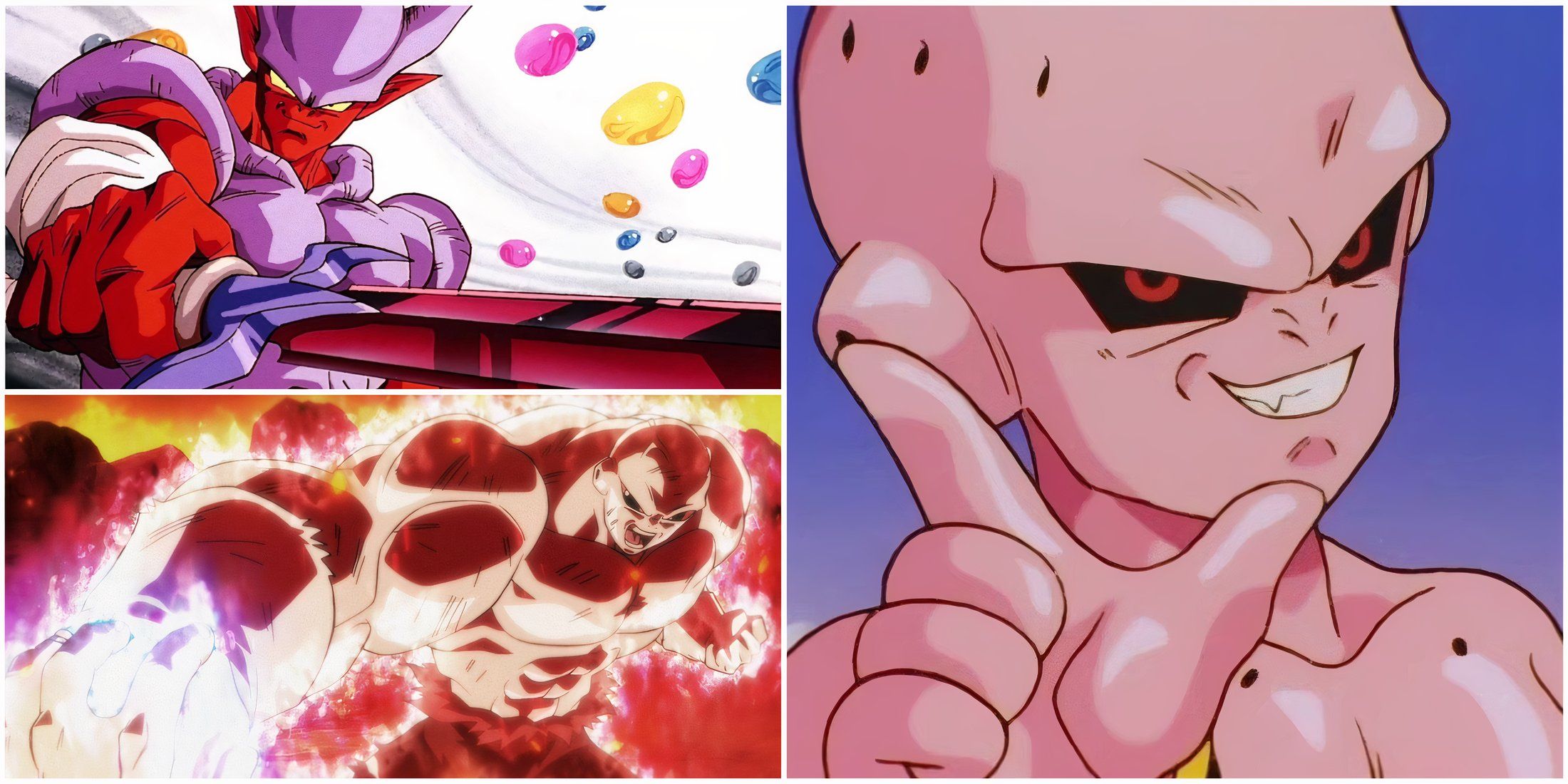 A collage image featuring Janemba, Jiren, and Kid Buu