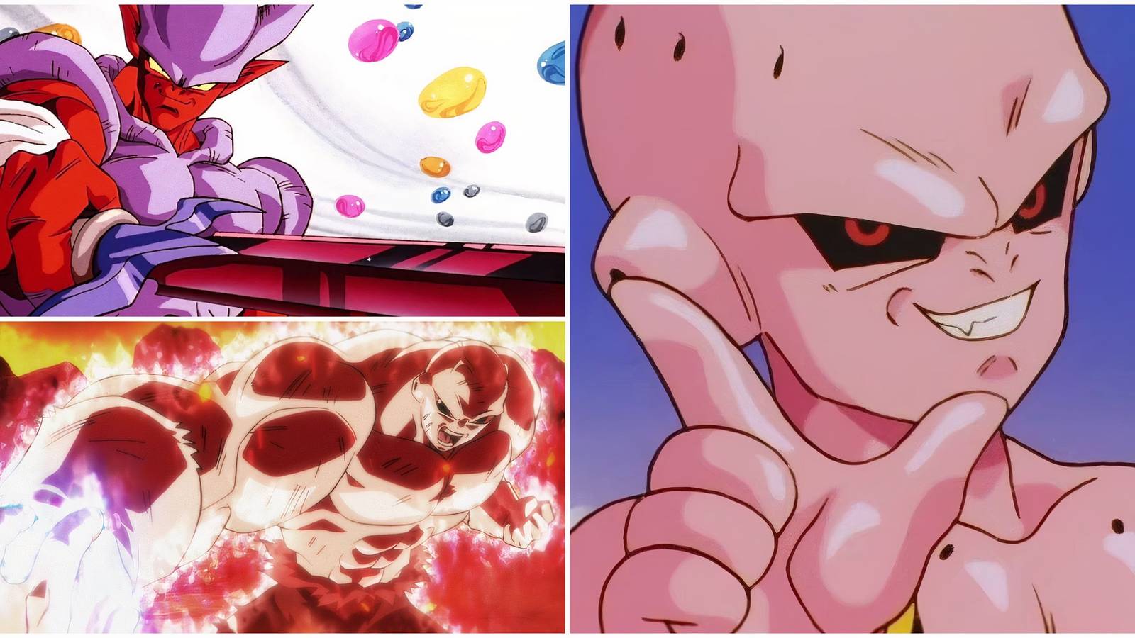 A collage image featuring Janemba, Jiren, and Kid Buu