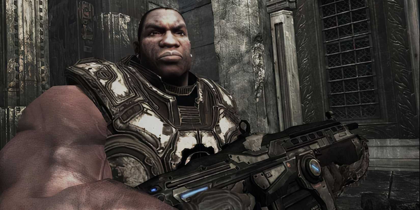Cole from Gears of War holding his lancer rifle