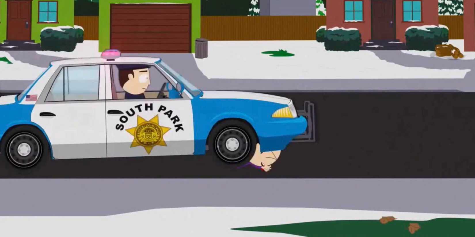 Jason White run over by a police car in South Park