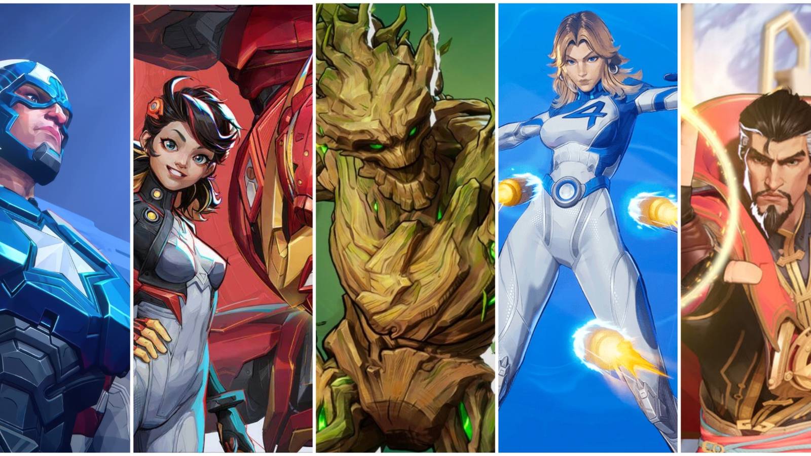 A collage of images of the heroes Captain America, Peni Parker, Groot, Invisible Woman and Doctor Strange from Marvel Rivals