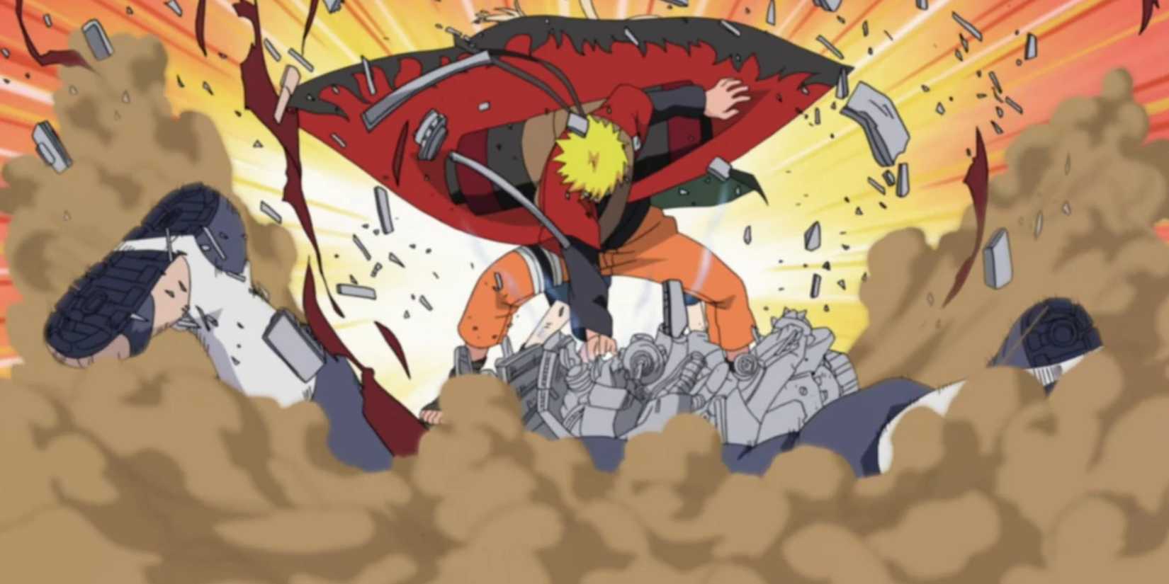 Naruto destroying one of Pain's bodies effortlessly in Sage Mode